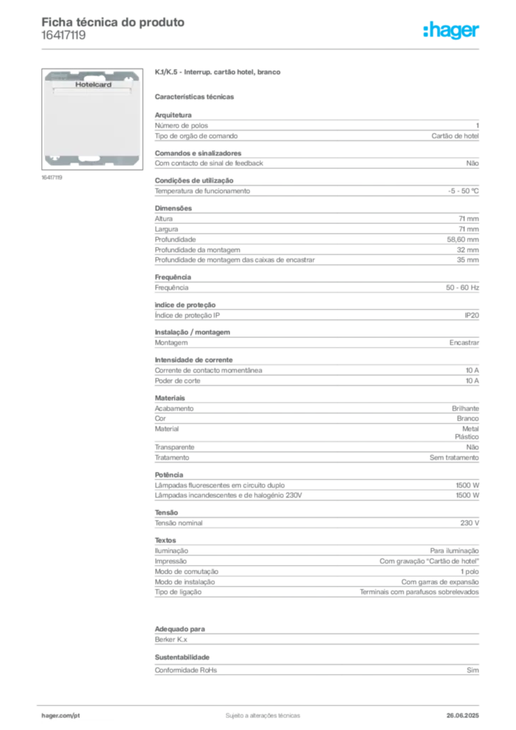 Imagem Hager Ficha técnica do produto 16417119 | Hager Portugal