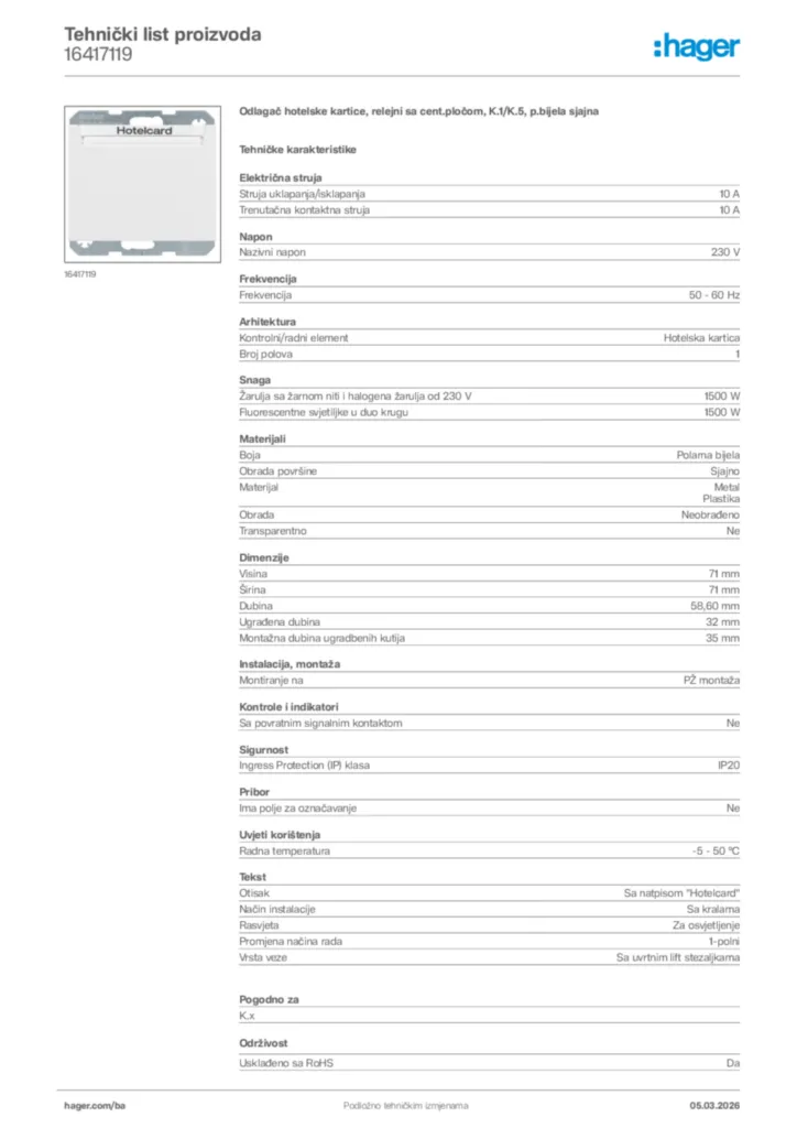 Slika Hager Tehnički list proizvoda 16417119  | Hager
