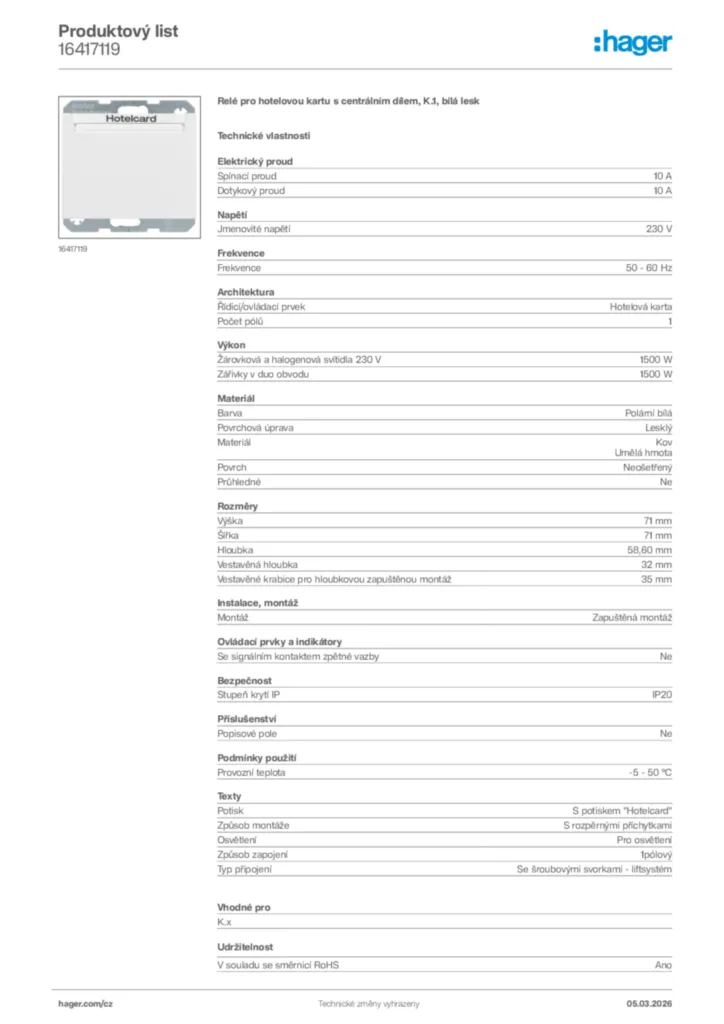 Obrázek Hager Product data sheet 16417119 | Hager