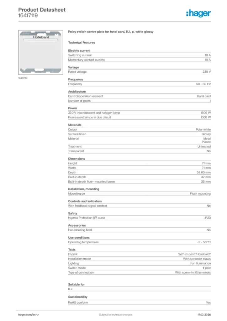 Image Hager Product data sheet 16417119  | Hager