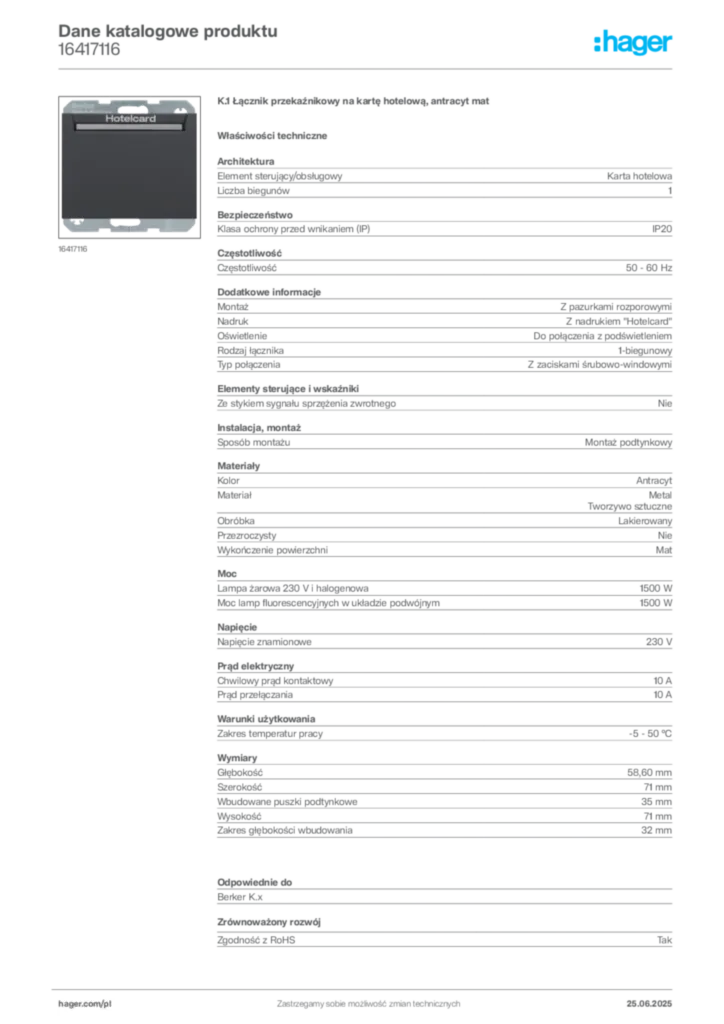 Zdjęcie Hager Dane katalogowe produktu 16417116 | Hager Polska