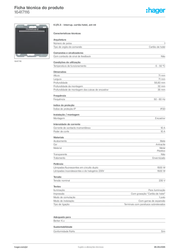Imagem Hager Ficha técnica do produto 16417116 | Hager Portugal