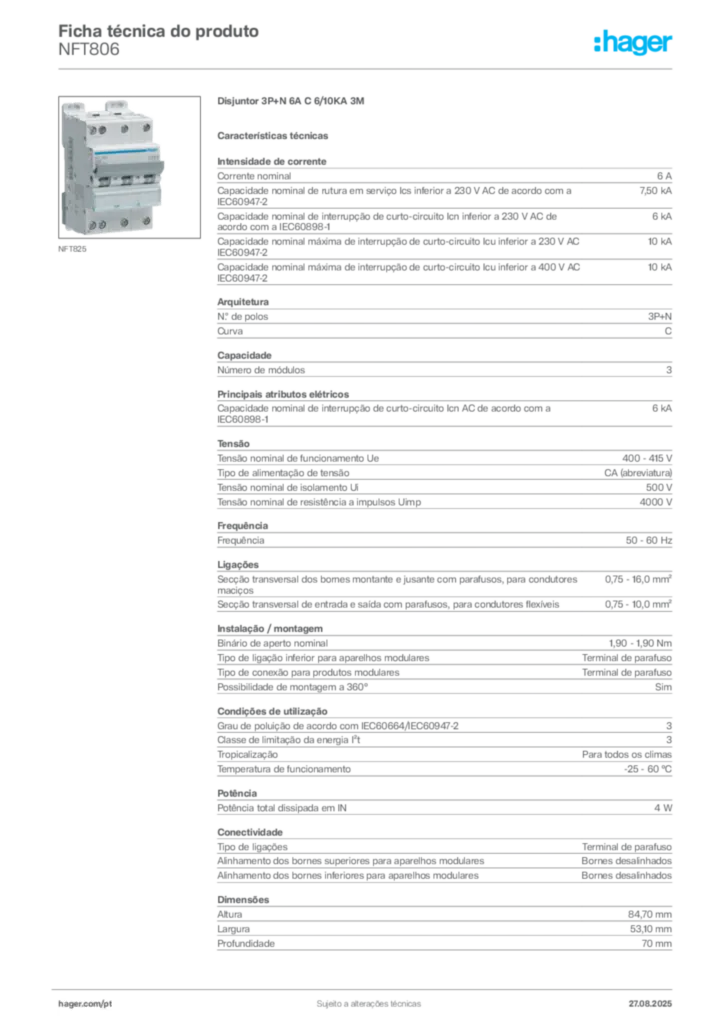 Imagem Hager Ficha técnica do produto NFT806 | Hager Portugal