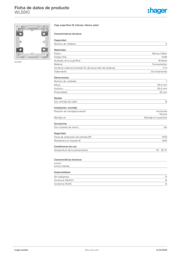 Imagen Hager Ficha de datos de producto WL5810 | Hager España
