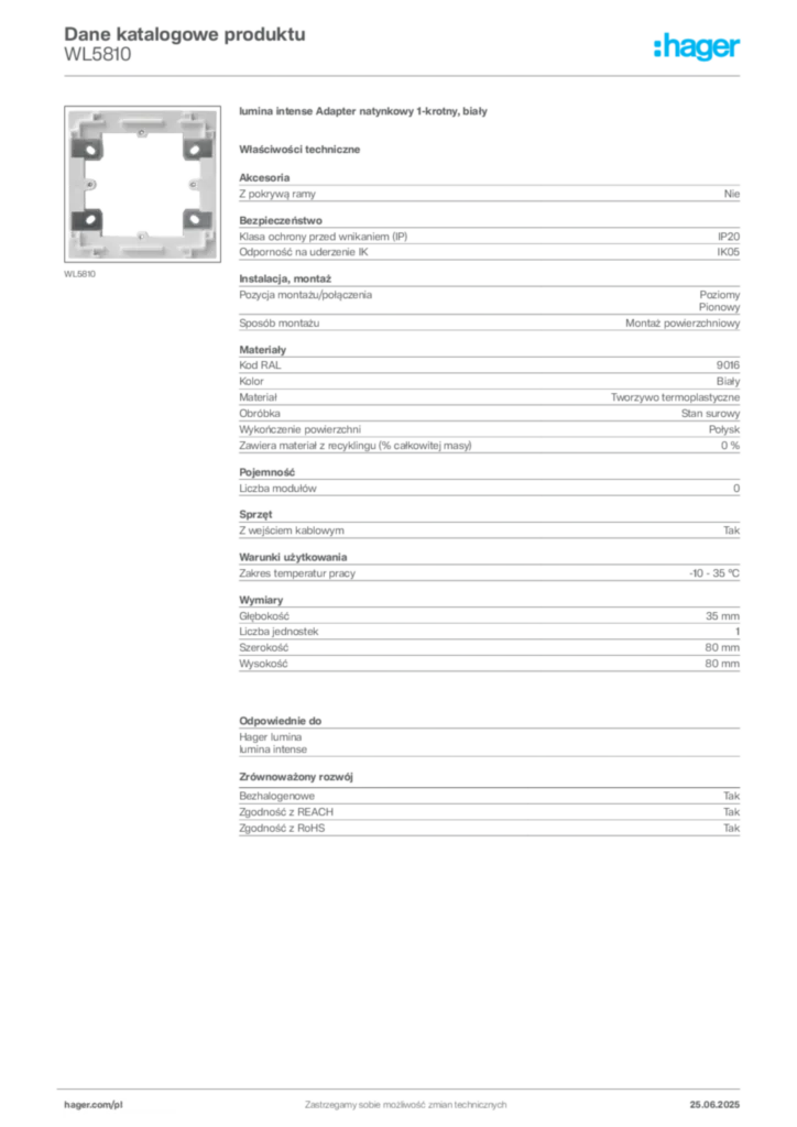 Zdjęcie Hager Dane katalogowe produktu WL5810 | Hager Polska