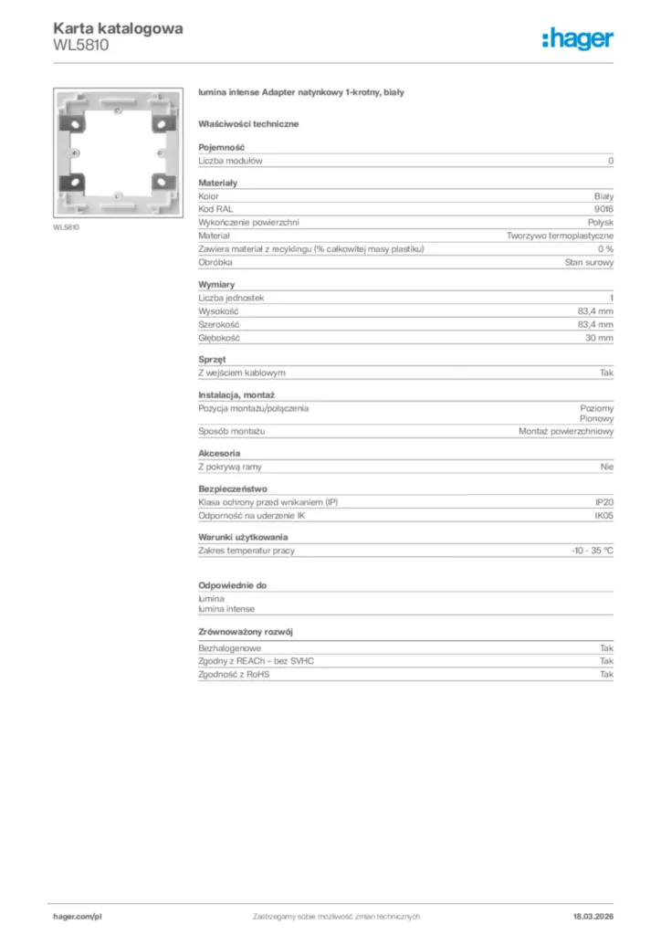 Zdjęcie Hager Karta katalogowa WL5810 | Hager Polska