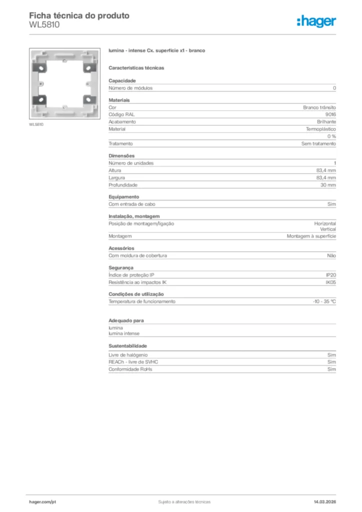 Imagem Hager Ficha técnica do produto WL5810 | Hager Portugal