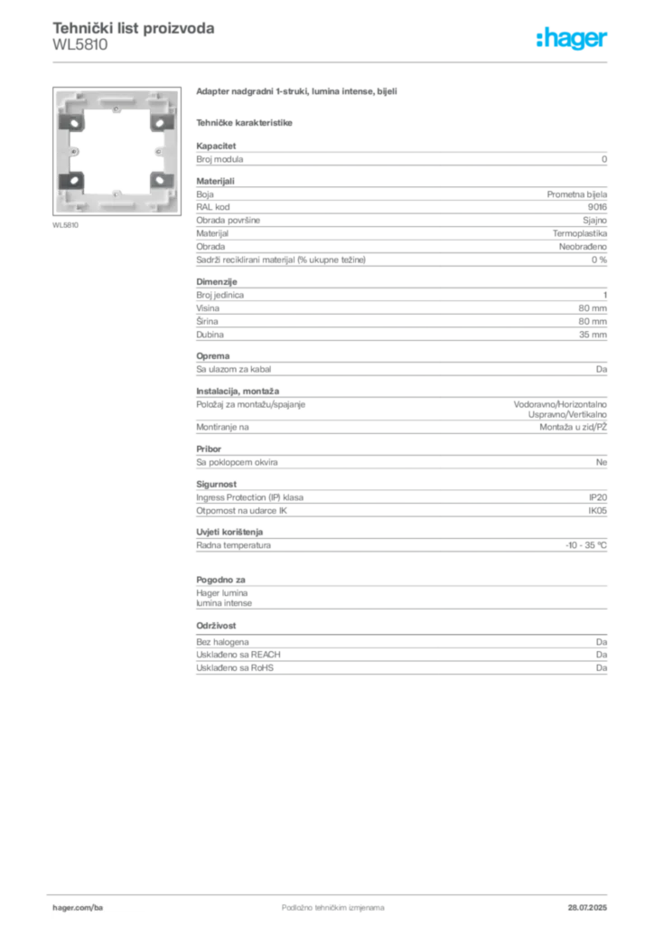 Slika Hager Product data sheet WL5810  | Hager