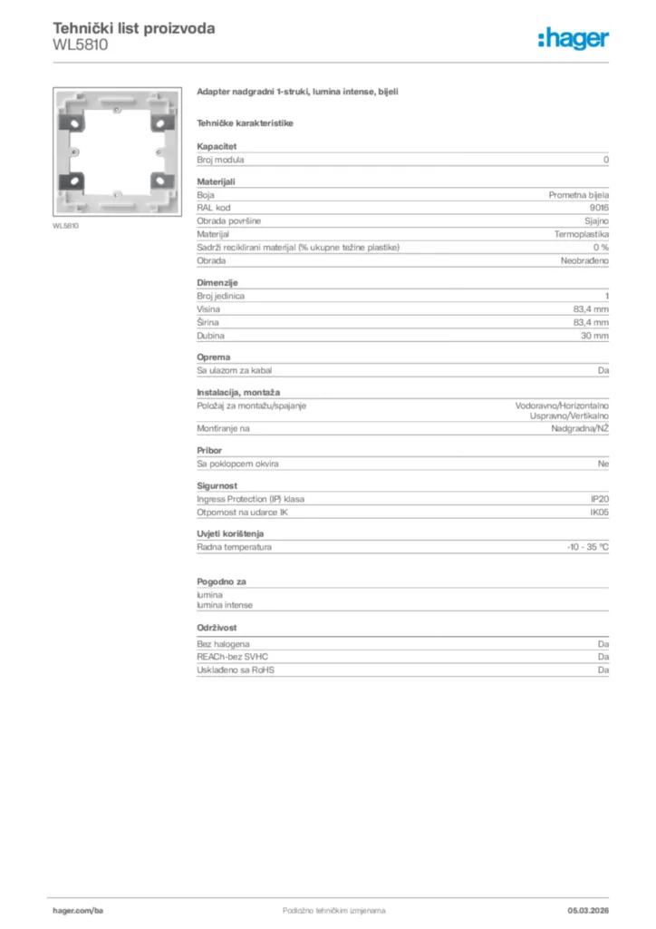 Slika Hager Tehnički list proizvoda WL5810  | Hager