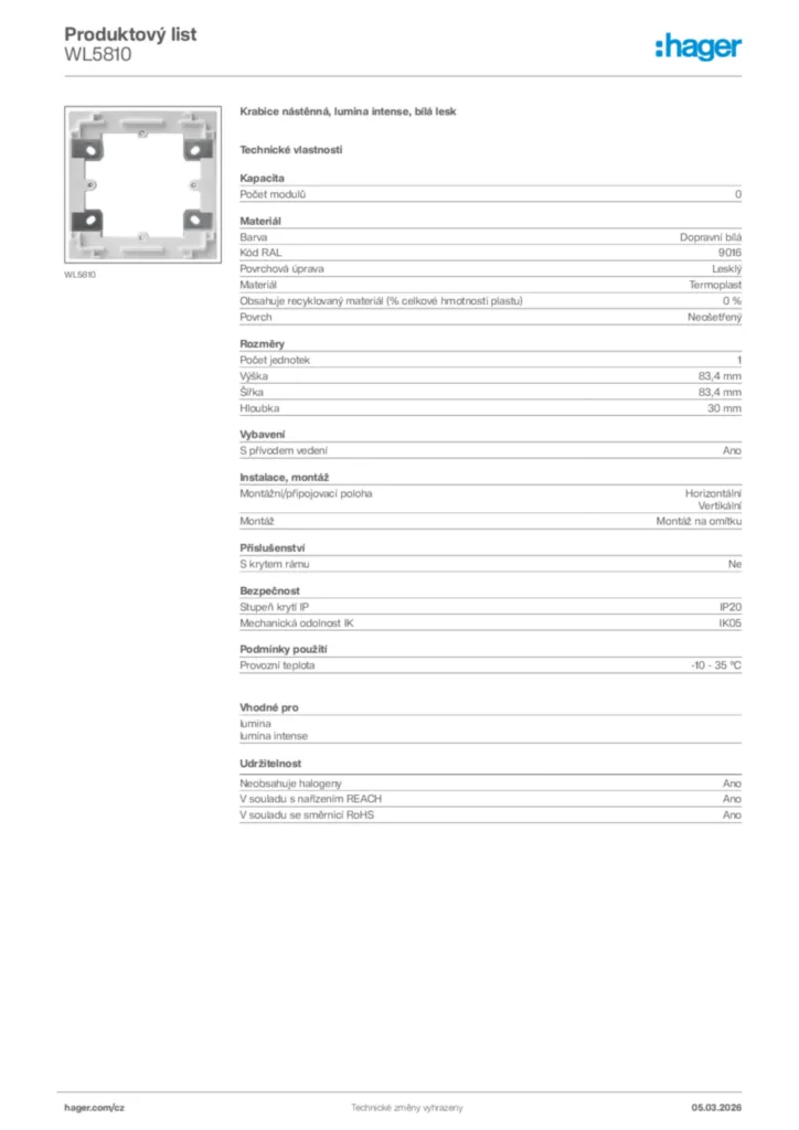 Obrázek Hager Product data sheet WL5810 | Hager