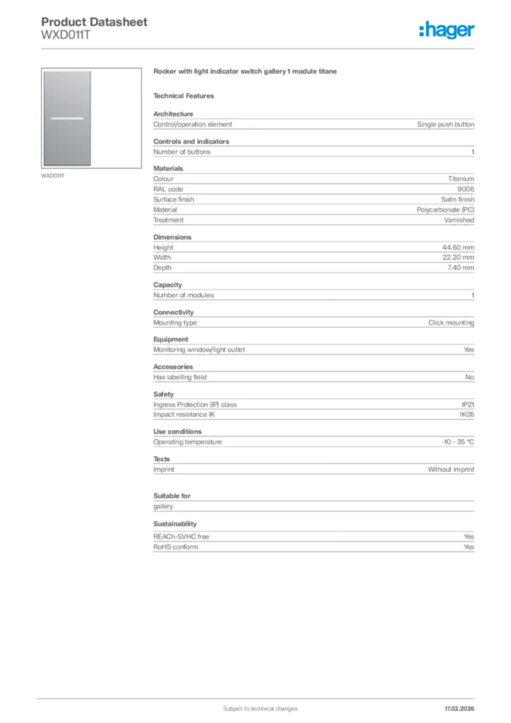 Image Hager Product data sheet WXD011T  | Hager Africa