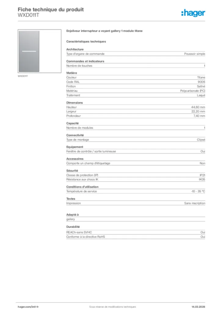 Image Hager Fiche technique du produit WXD011T | Hager Afrique