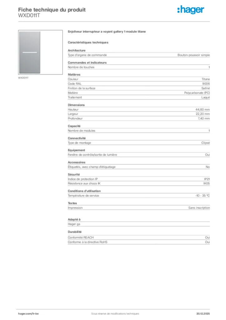 Image Hager Fiche technique du produit WXD011T | Hager Belgique