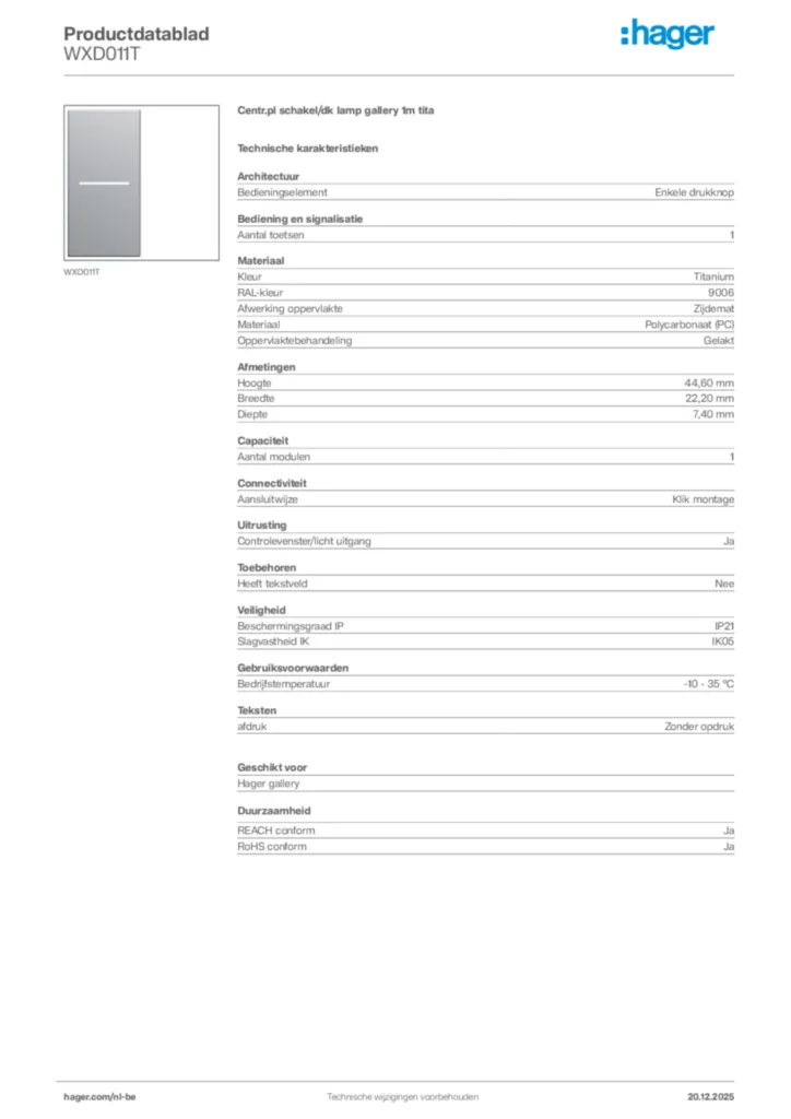 Afbeelding Hager Productdatablad WXD011T | Hager Belgium
