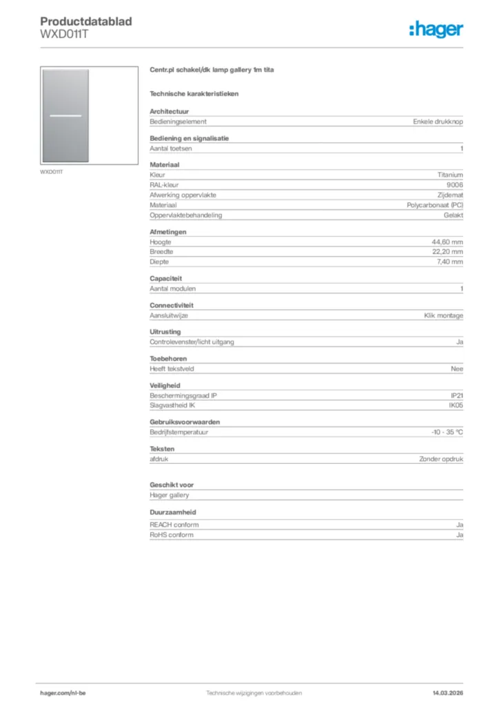 Afbeelding Hager Productdatablad WXD011T | Hager Belgium