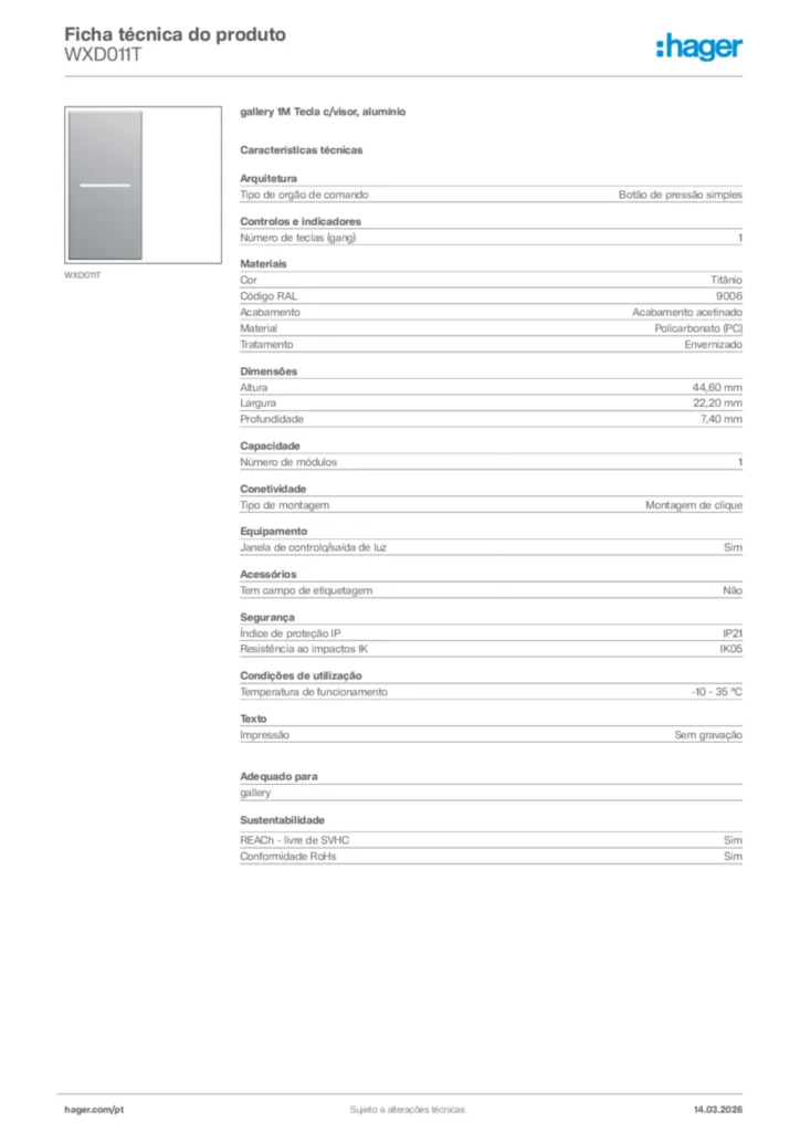Imagem Hager Ficha técnica do produto WXD011T | Hager Portugal