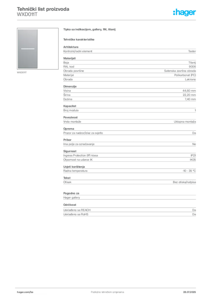 Slika Hager Product data sheet WXD011T  | Hager
