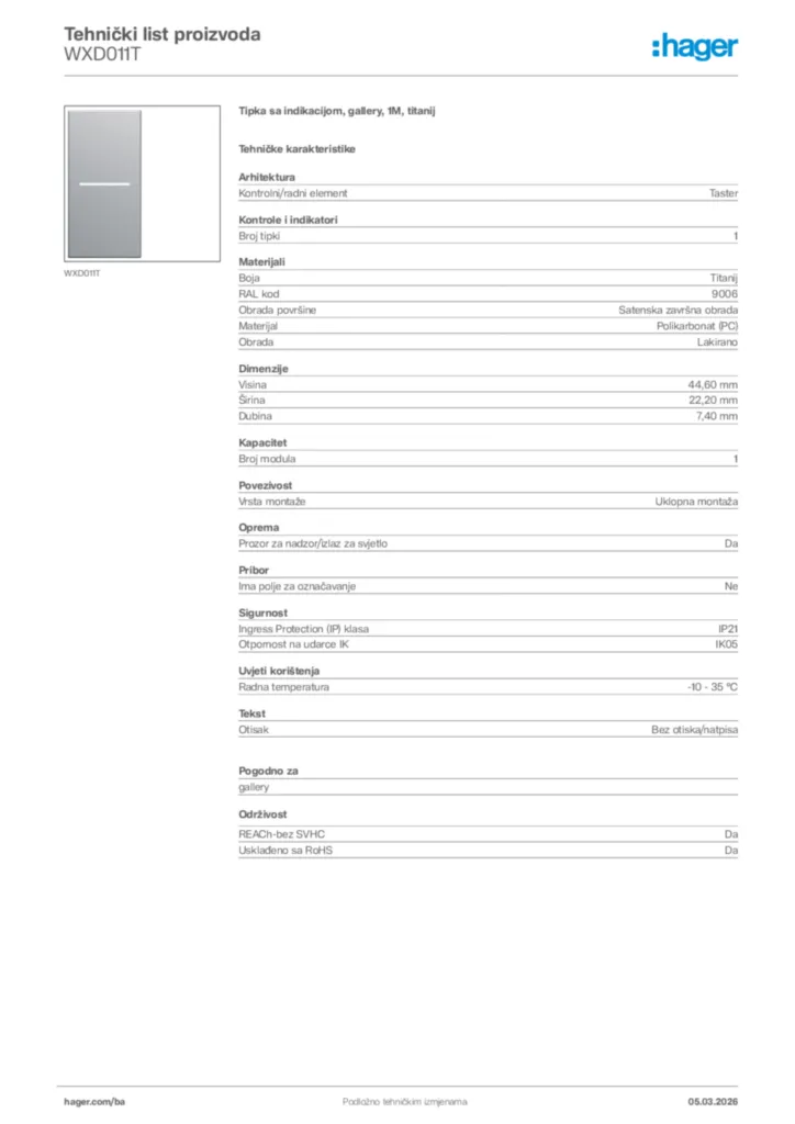 Slika Hager Tehnički list proizvoda WXD011T  | Hager