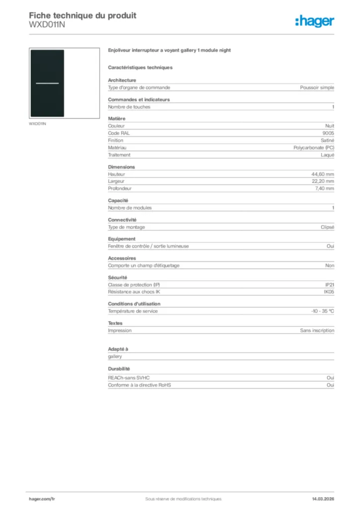 Image Hager Fiche technique du produit WXD011N | Hager France
