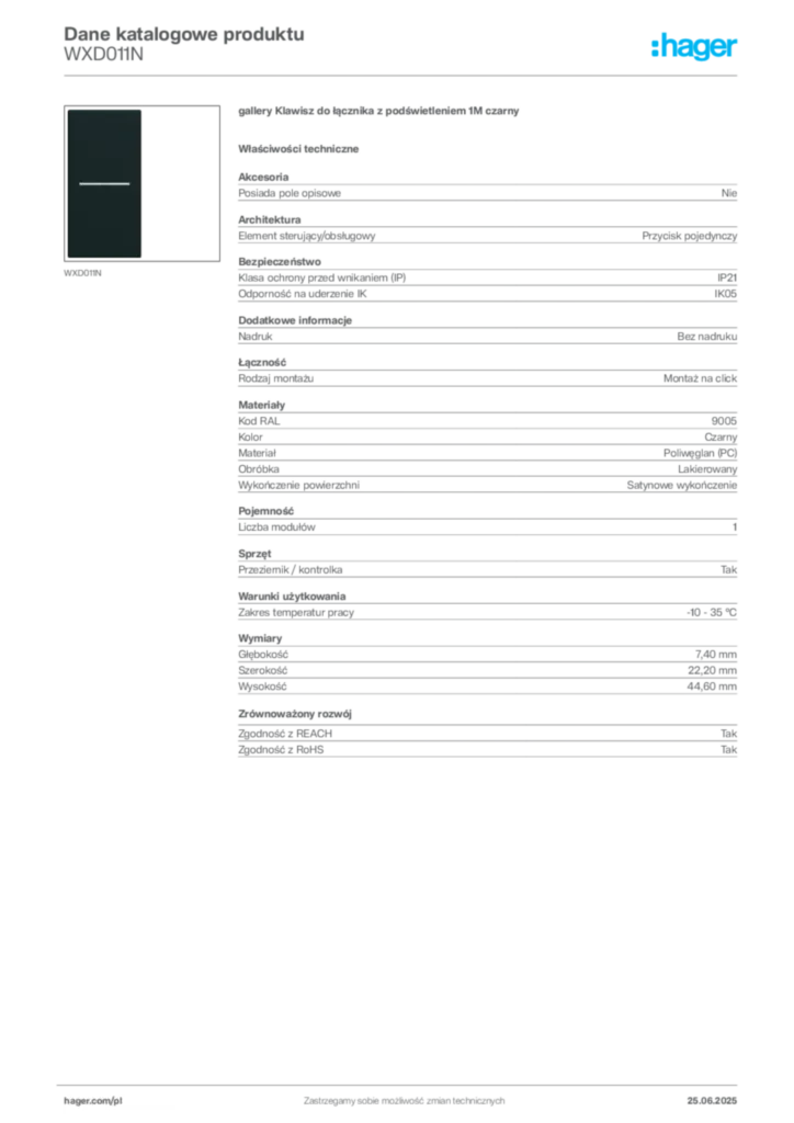 Zdjęcie Hager Dane katalogowe produktu WXD011N | Hager Polska
