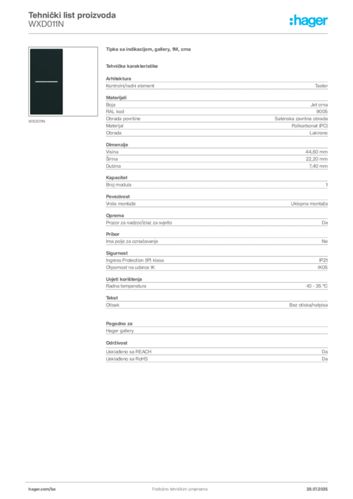 Slika Hager Product data sheet WXD011N  | Hager