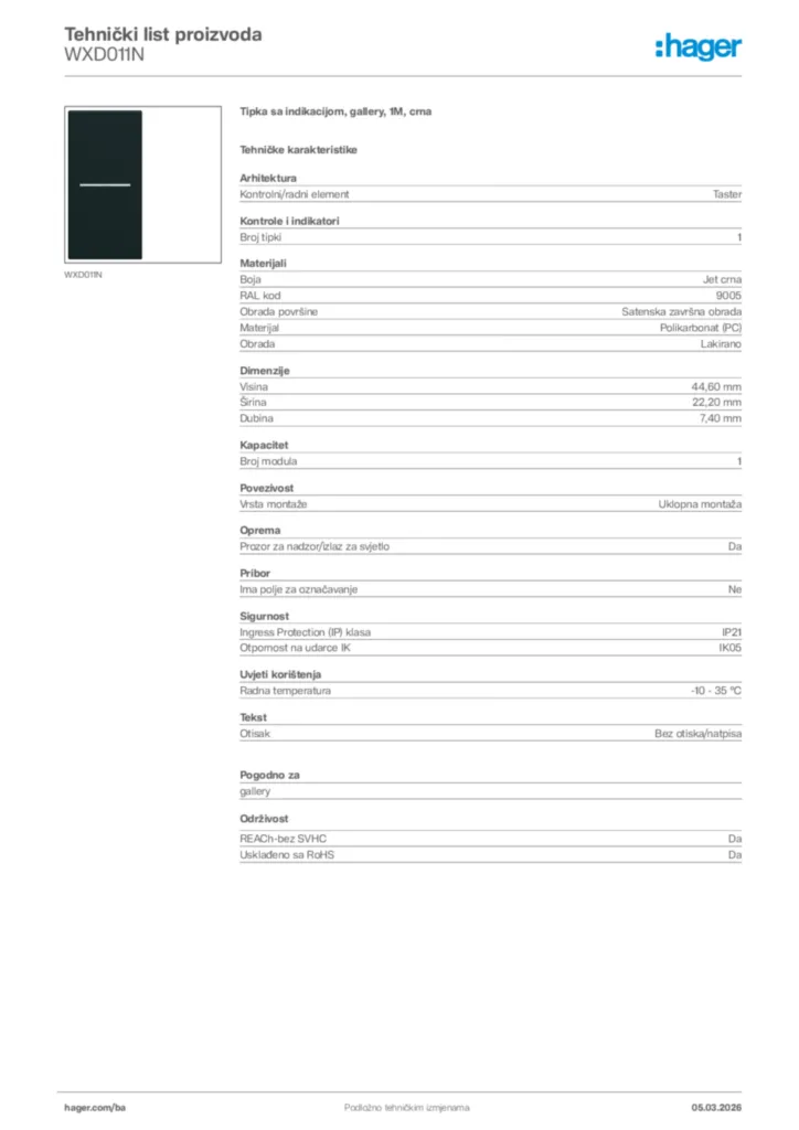 Slika Hager Tehnički list proizvoda WXD011N  | Hager