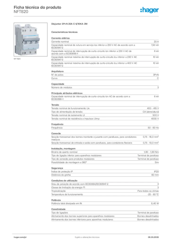 Imagem Hager Ficha técnica do produto NFT820 | Hager Portugal