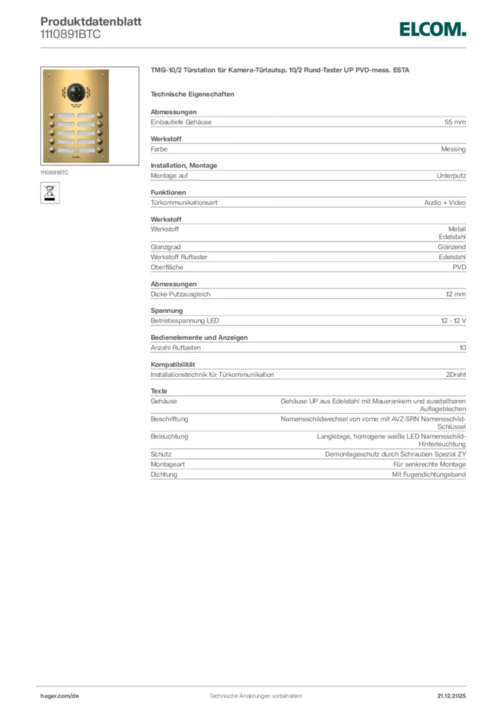 Bild Elcom Produktdatenblatt 1110891BTC | Hager Deutschland