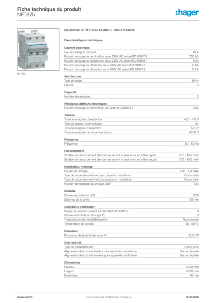 Image Hager Fiche technique du produit NFT825 | Hager France