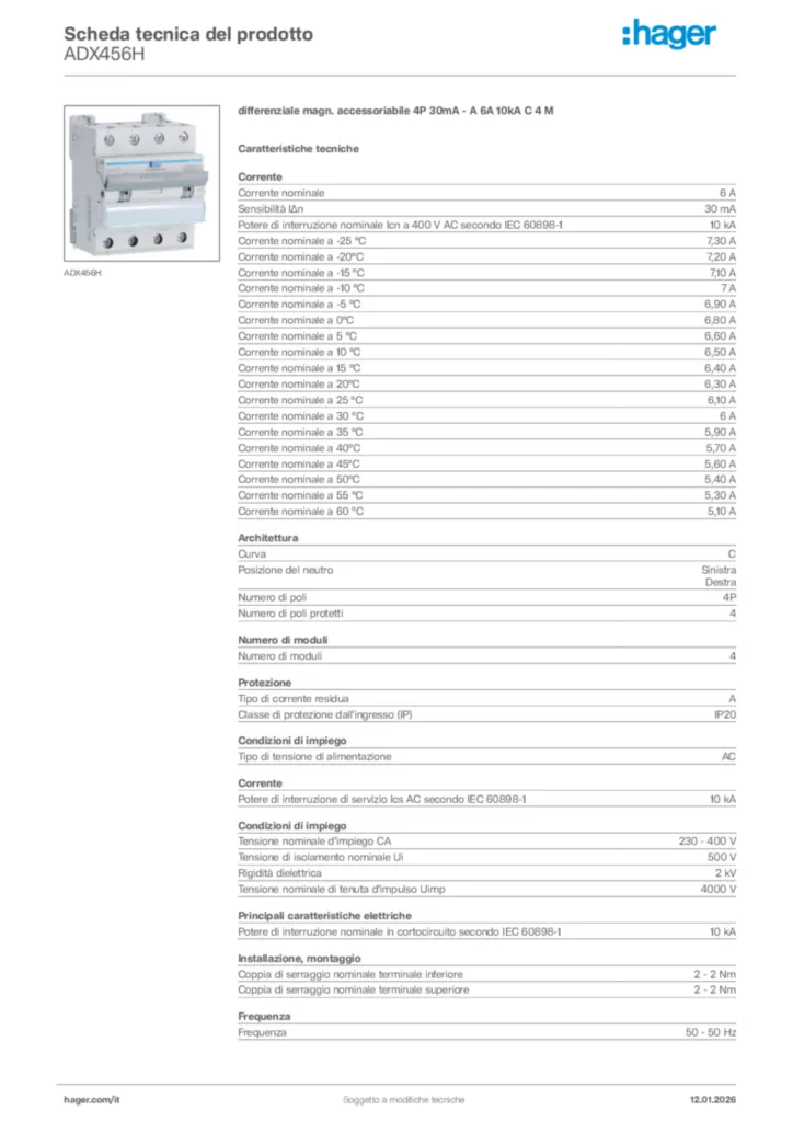 Immagine Hager Scheda tecnica del prodotto ADX456H | Hager Italia