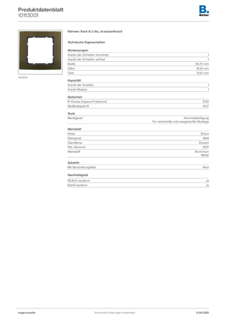 Bild Berker Produktdatenblatt 10113001 | Hager Deutschland