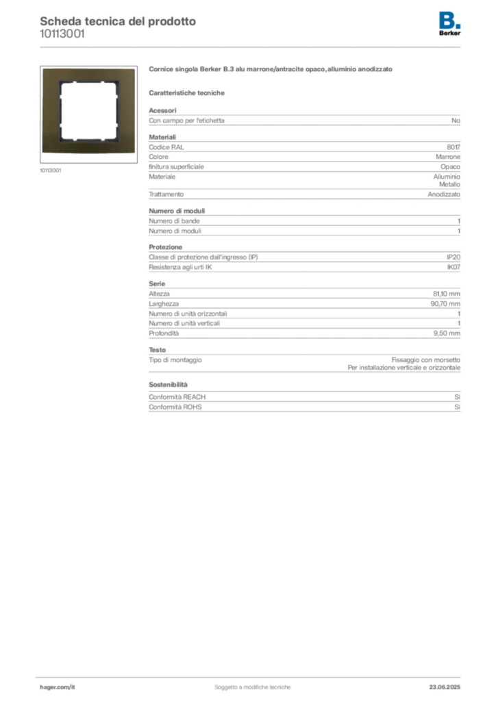 Immagine Berker Scheda tecnica del prodotto 10113001 | Hager Italia