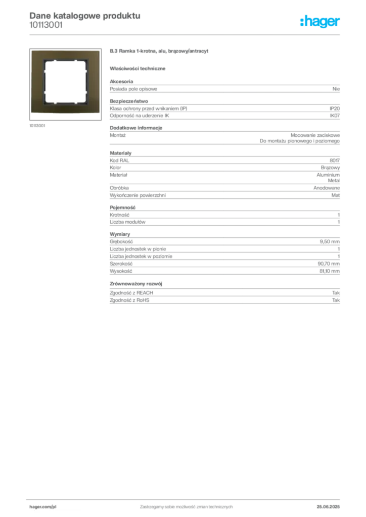 Zdjęcie Hager Dane katalogowe produktu 10113001 | Hager Polska