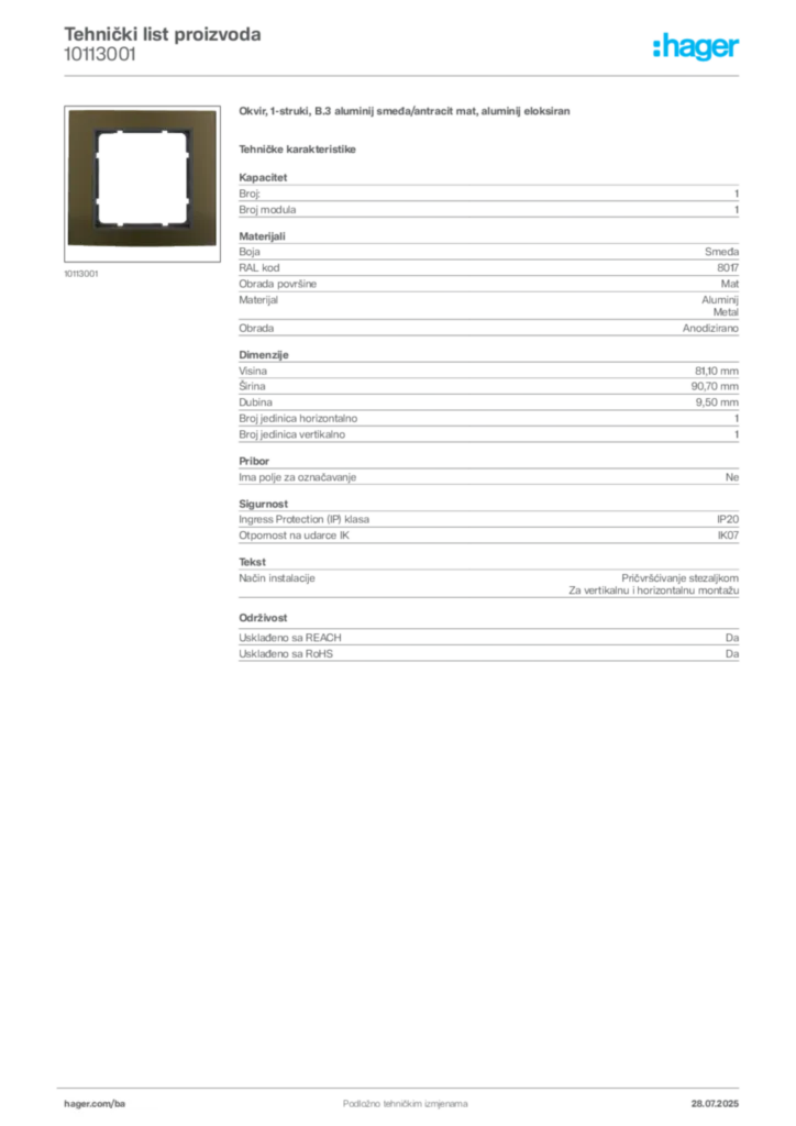 Slika Hager Product data sheet 10113001  | Hager