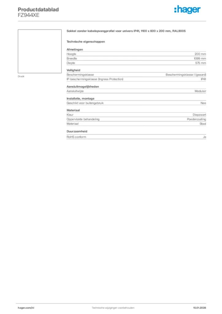 Afbeelding Hager Productdatablad FZ944XE | Hager Nederland
