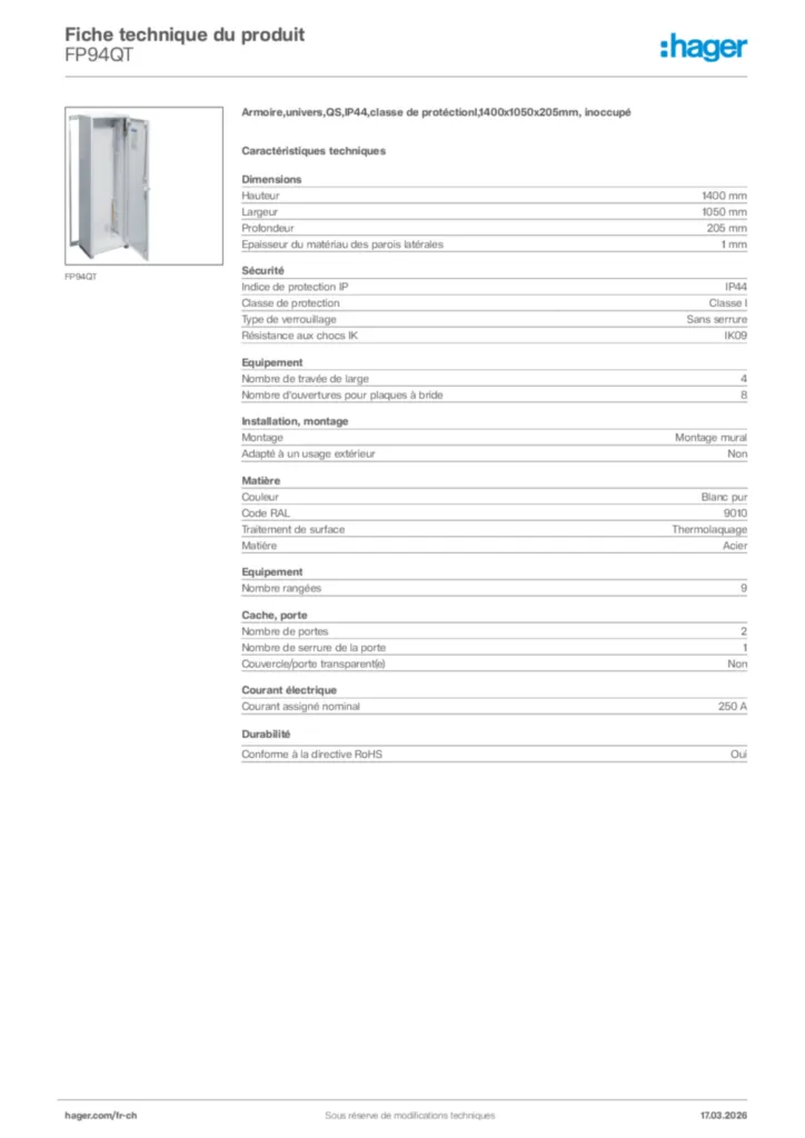 Image Hager Fiche technique du produit FP94QT | Hager Suisse