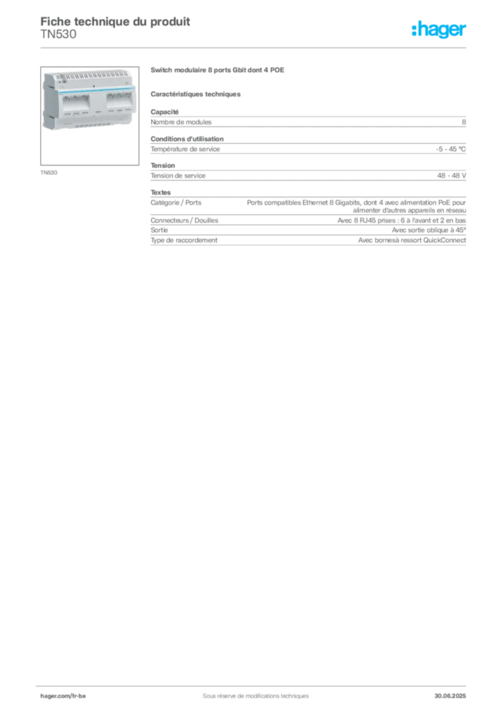 Image Hager Fiche technique du produit TN530 | Hager Belgique