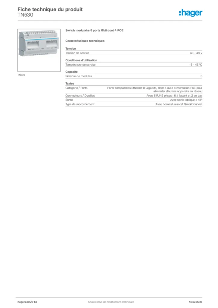 Image Hager Fiche technique du produit TN530 | Hager Belgique