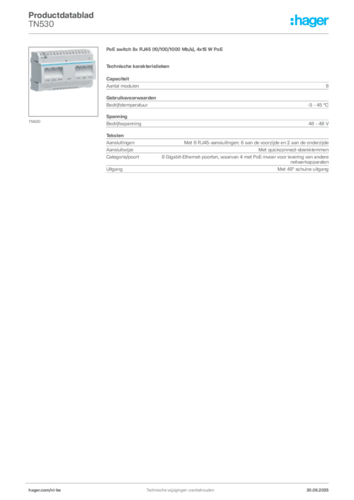 Afbeelding Hager Productdatablad TN530 | Hager Belgium