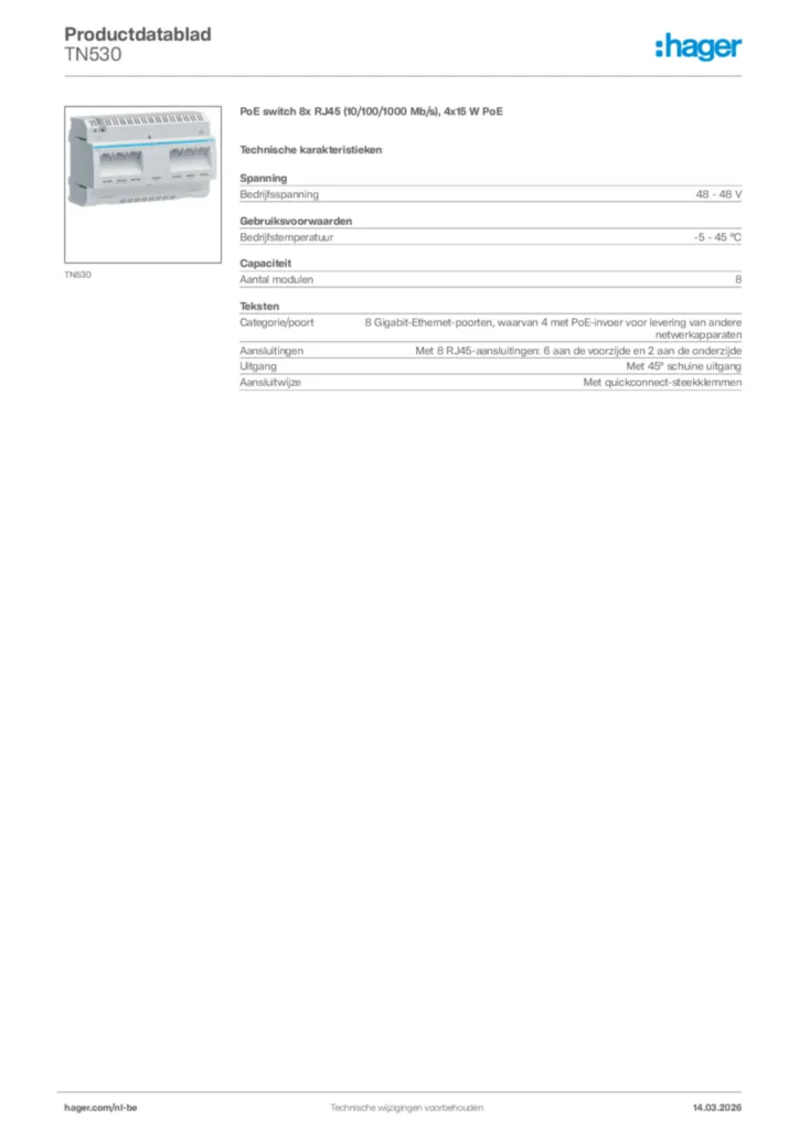Afbeelding Hager Productdatablad TN530 | Hager Belgium