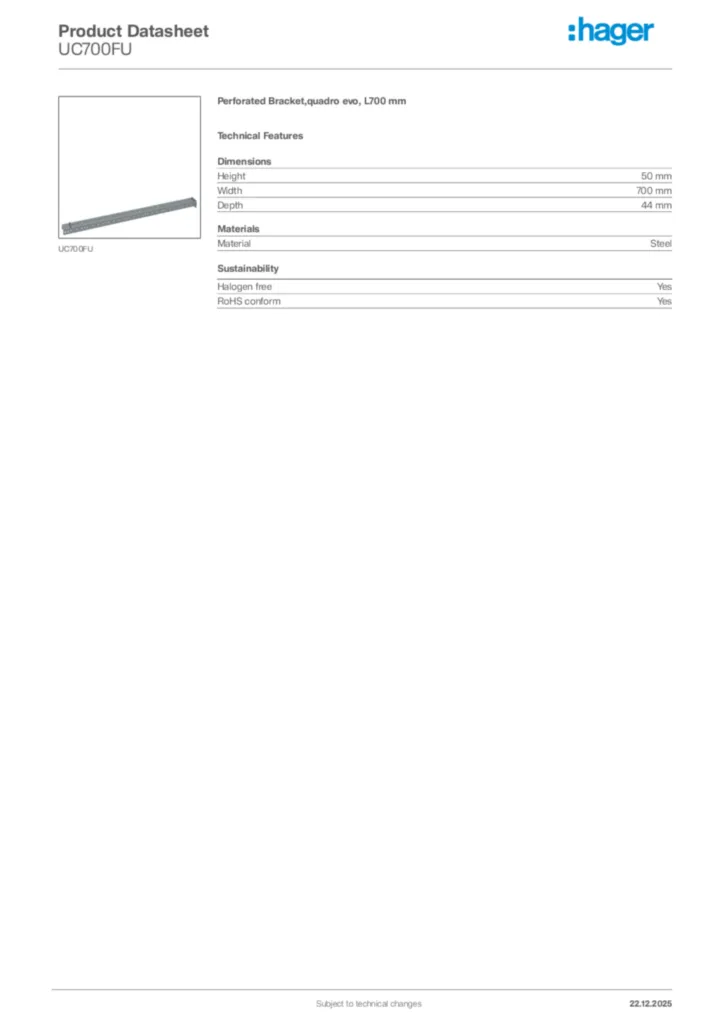 Image Hager Product data sheet UC700FU  | Hager Africa