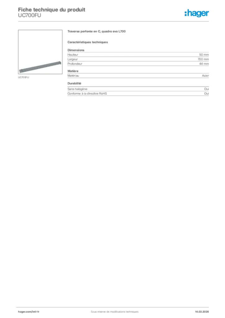 Image Hager Fiche technique du produit UC700FU | Hager Afrique