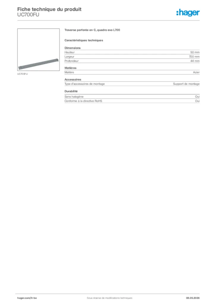 Image Hager Fiche technique du produit UC700FU | Hager Belgique