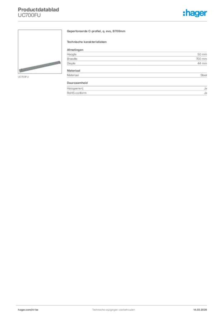Afbeelding Hager Productdatablad UC700FU | Hager Belgium