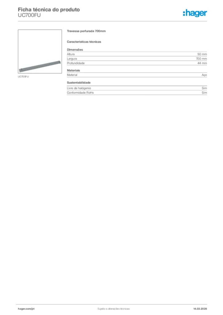 Imagem Hager Ficha técnica do produto UC700FU | Hager Portugal