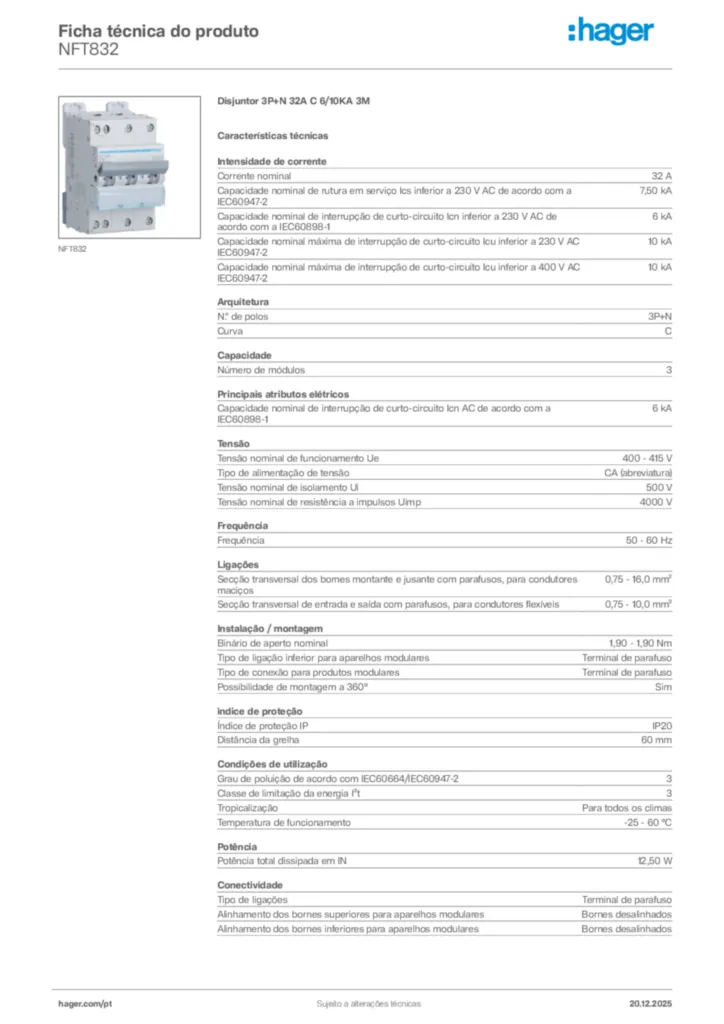 Imagem Hager Ficha técnica do produto NFT832 | Hager Portugal