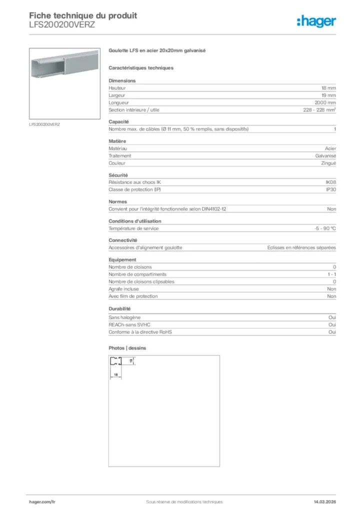 Image Hager Fiche technique du produit LFS200200VERZ | Hager France