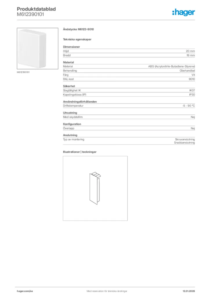 Bild Hager Produktdatablad M612390101 | Hager Sverige