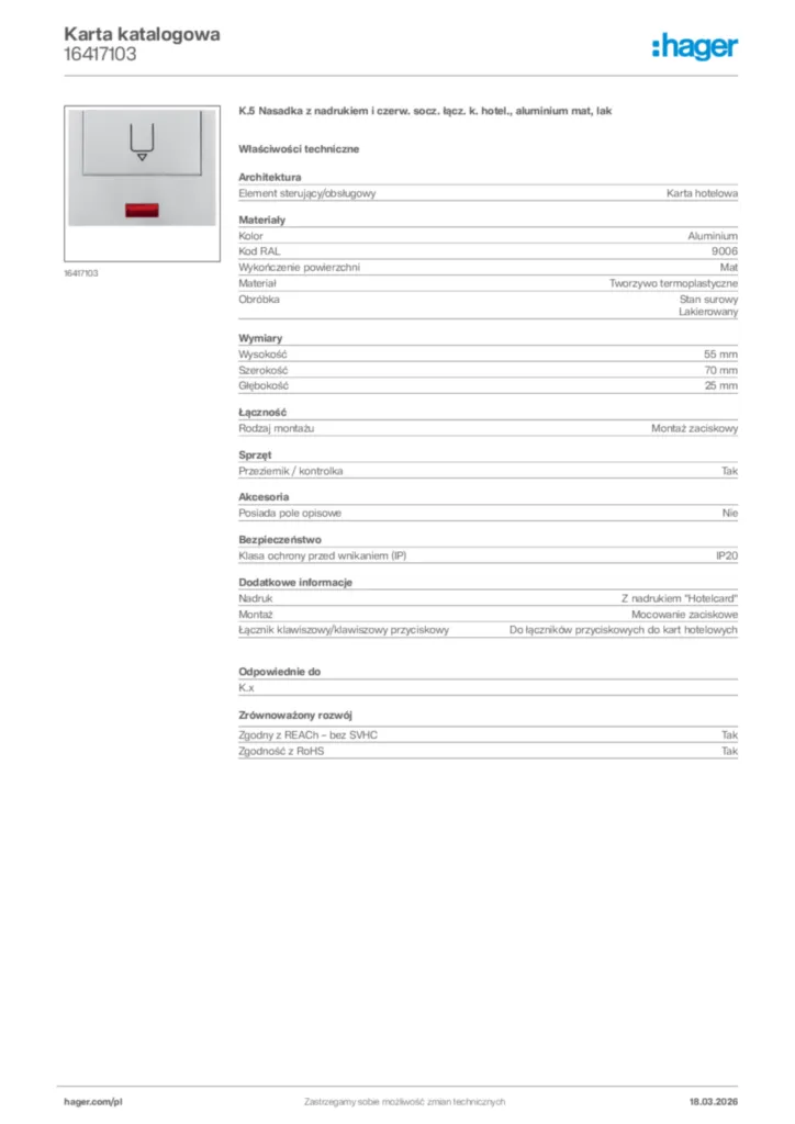 Zdjęcie Hager Karta katalogowa 16417103 | Hager Polska