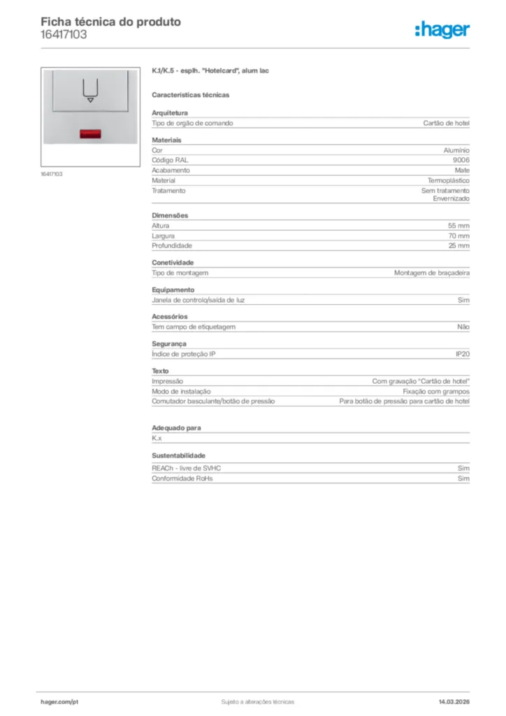Imagem Hager Ficha técnica do produto 16417103 | Hager Portugal